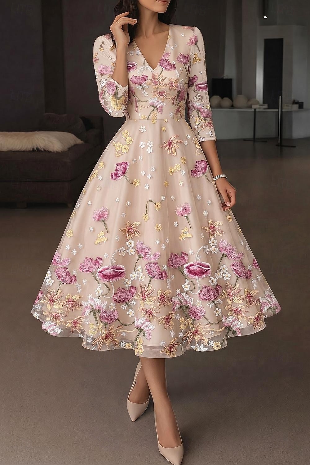 Linia -A Lungime Gleznă Lungimea ceaiului Rochii de cocktail Elegant Epocă Floral Manșon Lung În V Petrecere în grădină Nuntă Satin Tulle Glugă la Spate cu Flori brodată Arc Broderie 2026 - $182.99 –P1