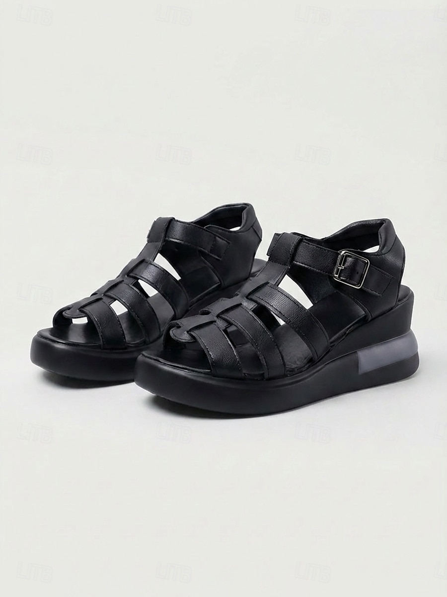 Schwarze Gladiator-Plateausandalen für Damen – verstellbarer Riemen im römischen Stil, leichte Keilsohle, bequemer Sommerschuh zum Spazierengehen und Reisen &Alltagskleidung 2026 - $26.99 –P1