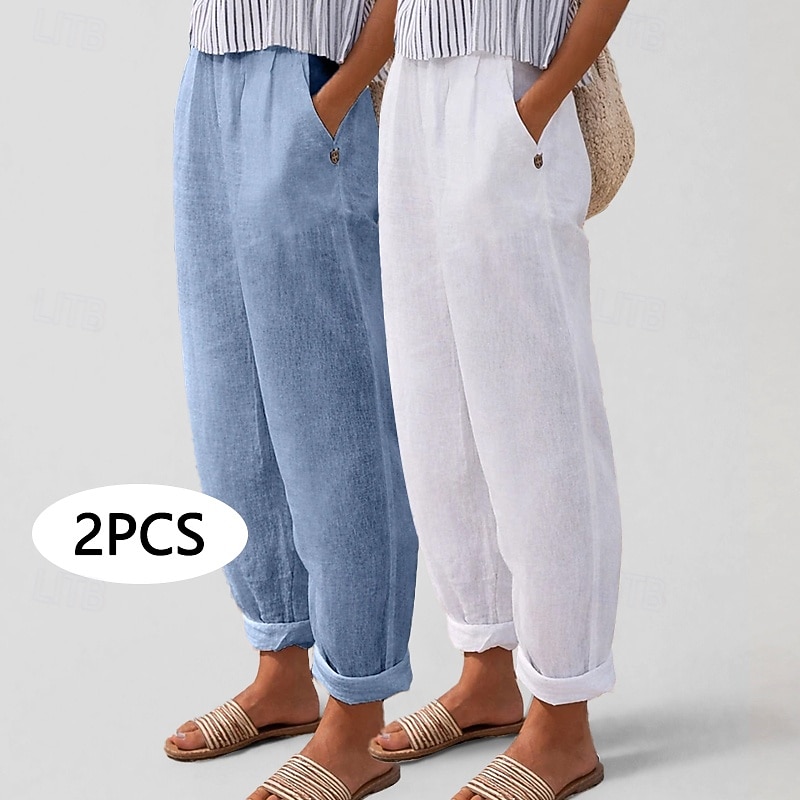 Πολυσυσκευασίες 2 τεμαχίων γυναικείο παντελόνι 100% βαμβάκι καλοκαιρινό παντελόνι casual παντελόνι διακοπών βασικό ψηλόμεσο απλό τσέπη άνεση μαλακό αναπνεύσιμο ανελαστικό casual καθημερινό αθλητικό λευκό+πράσινο λευκό+χακί 2026 - $31.99 –P1