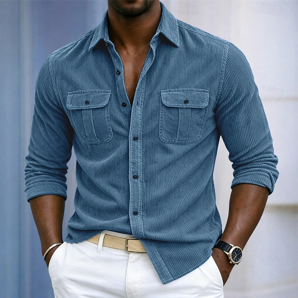 Homens Camisa Social Camisa casual Camiseta de Veludo camisa de botão Azul Vermelho Marron Verde Azul Escuro Manga Longa Tecido Colarinho de Camisa Casual Diário Bolso frontal Roupa Elegante Moda de 2026 por $31.99 –P5