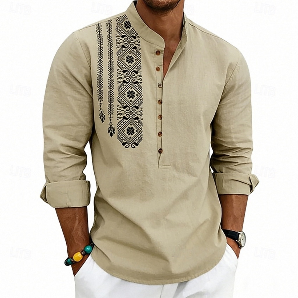 Men's Shirt Linen Shirt Popover Shirt Summer Shirt Beach Shirt Geometric Casual Vacation Black White Pink Navy Blue Long Sleeve Stand Collar Summer Spring Clothing Apparel Buttons 2026 - $25.99 –P5