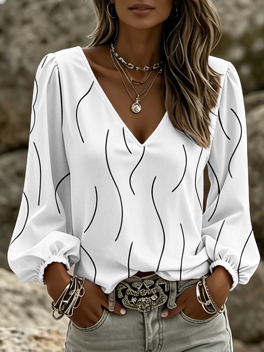Mujer Camisa Estampado Graphic Geométrico Bohemia Vacaciones Vintage Manga Larga Manga de la linterna Escote en Pico Tops regulares Casual Diario Festivos Azul Piscina Blanco Amarillo Rosa Verde 2026 - $32.99 –P1