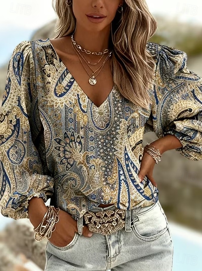Mulheres Camisa Social Gráfico Geométrica Estampado Cashemere Boêmia Férias Vintage Manga Longa Decote V Tops regulares Diário Feriado Para Noite Azul Branco Azul Marinha Castanho Claro Roxo Verão de 2026 por $13.49 –P10