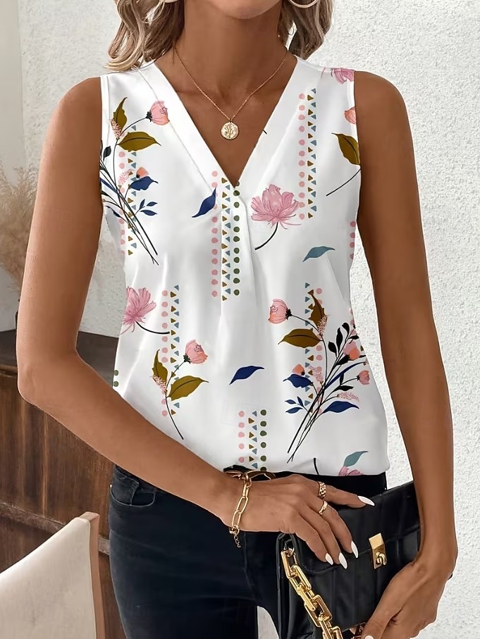 Women's Tank Top Floral Graphic Plants Elegant Vintage Stylish Sleeveless V Neck Regular Tops Beach Wedding Casual Daily White Light Pink Light Purple Orange Summer Spring 2026 - $21.99 –P3