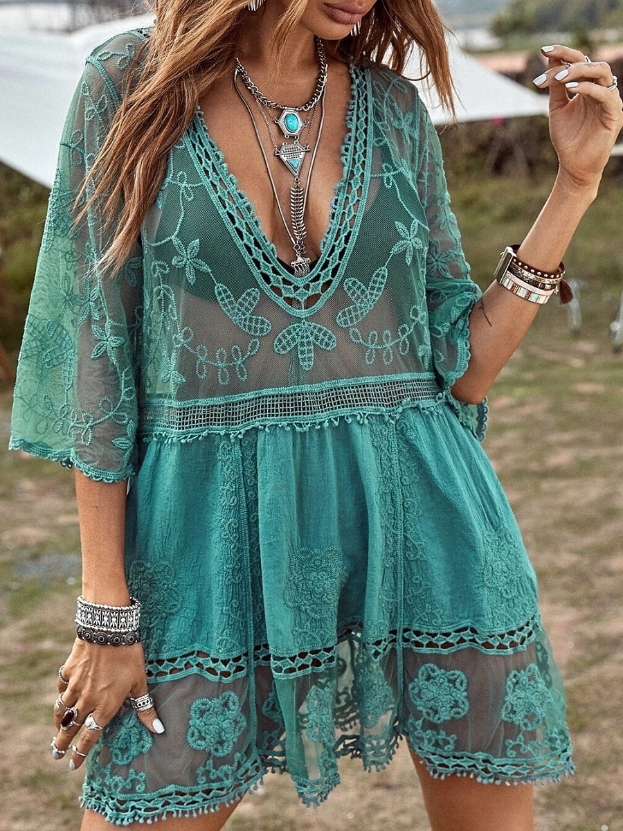 Γυναικεία Μαγιό Που καλύπτει Μαγιό-φόρεμα Μαγιό Δαντέλα Διακοπές Ρούχα παραλίας Συμπαγές Χρώμα Λαιμόκοψη V Μακρυμάνικο Μαγιό 2026 - $22.48 –P1