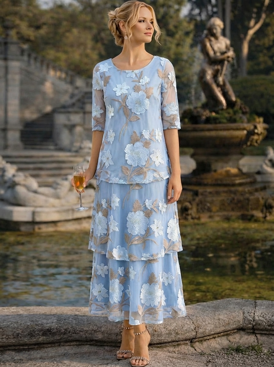 A-linje Kjoler Ankellengde Festkjole Cocktail Kjole Kjole til brudens mor Halvlange ermer Øsehals Elegant Årgang Formell Bryllupsgjest Ferie Chiffon med Blomstertrykk Drapert Broderi 2026 - $186.99 –P3