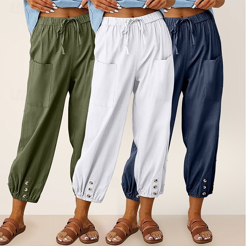 Conjunto com 3 calças capri femininas de algodão, ideais para o verão, casuais, básicas, cintura alta, lisas, com bolsos, cintura elástica, confortáveis, respiráveis, sem elasticidade, para uso diário, em casa e nas férias, nas cores azul, azul marinho e  de 2026 por $47.99 –P9