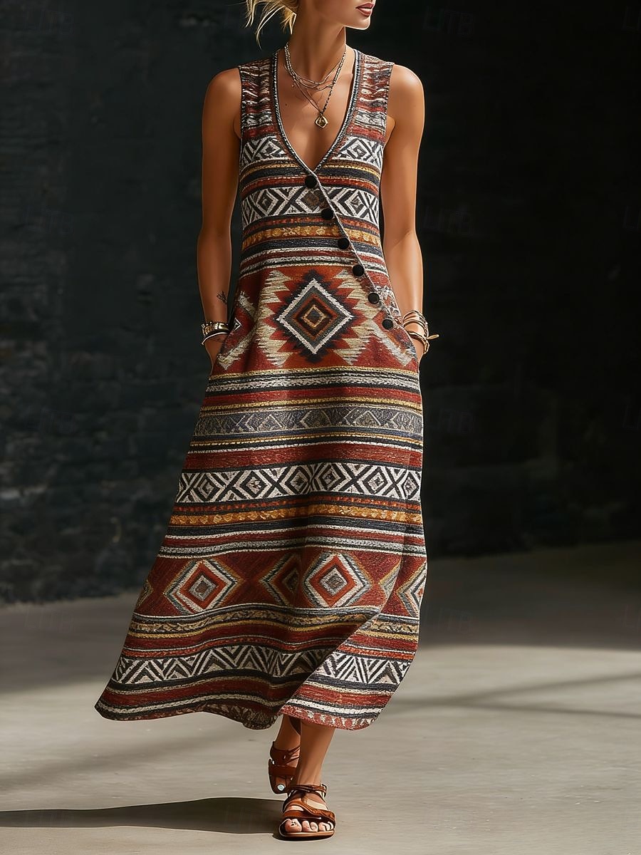 Per donna Abito maxi Vestito Estivo Vestito Casual Abito a trapezio Elegante Vacanza Spiaggia Ferie Vestibilità regolare Grafico Paisley Astratto Senza Maniche Scollo a V Rosso Marrone Beige Estate del 2026 a $42.99 –P1