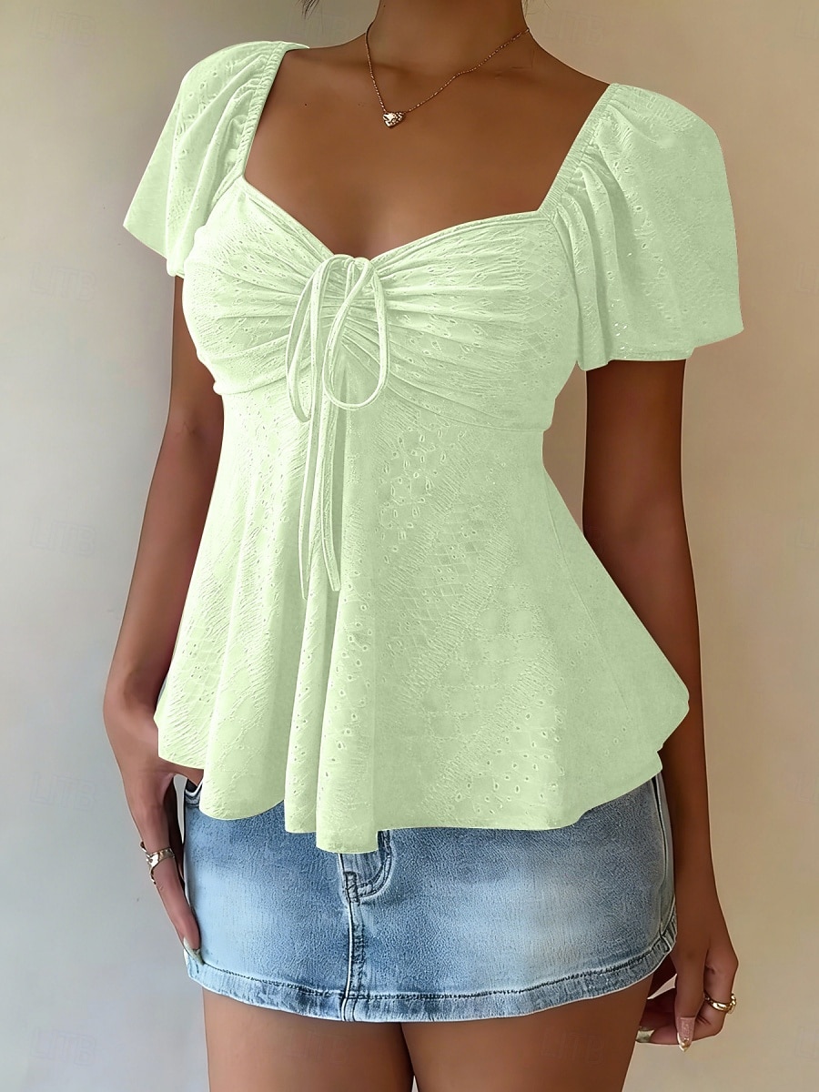 Femmes Chemisier Cordon de serrage Œillet Couleur Unie Élégant Sexy Occasionnel Manche Courte Col carré Hauts Réguliers Quotidien Noir Blanche Jaune Rose Claire Bleu Ciel Été Printemps de 2026 ? $19.99 –P2