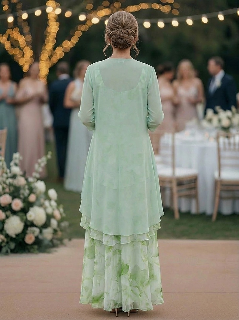 Two Piece A-Line Floor Length Wedding Guest Dress Mother of the Bride Dress Sleeveless 3/4 Length Sleeve Scoop Neck Elegant Simple Minimalist Formal Semi Formal Chiffon Jacquard with Floral Print 2026 - $194.99 –P3