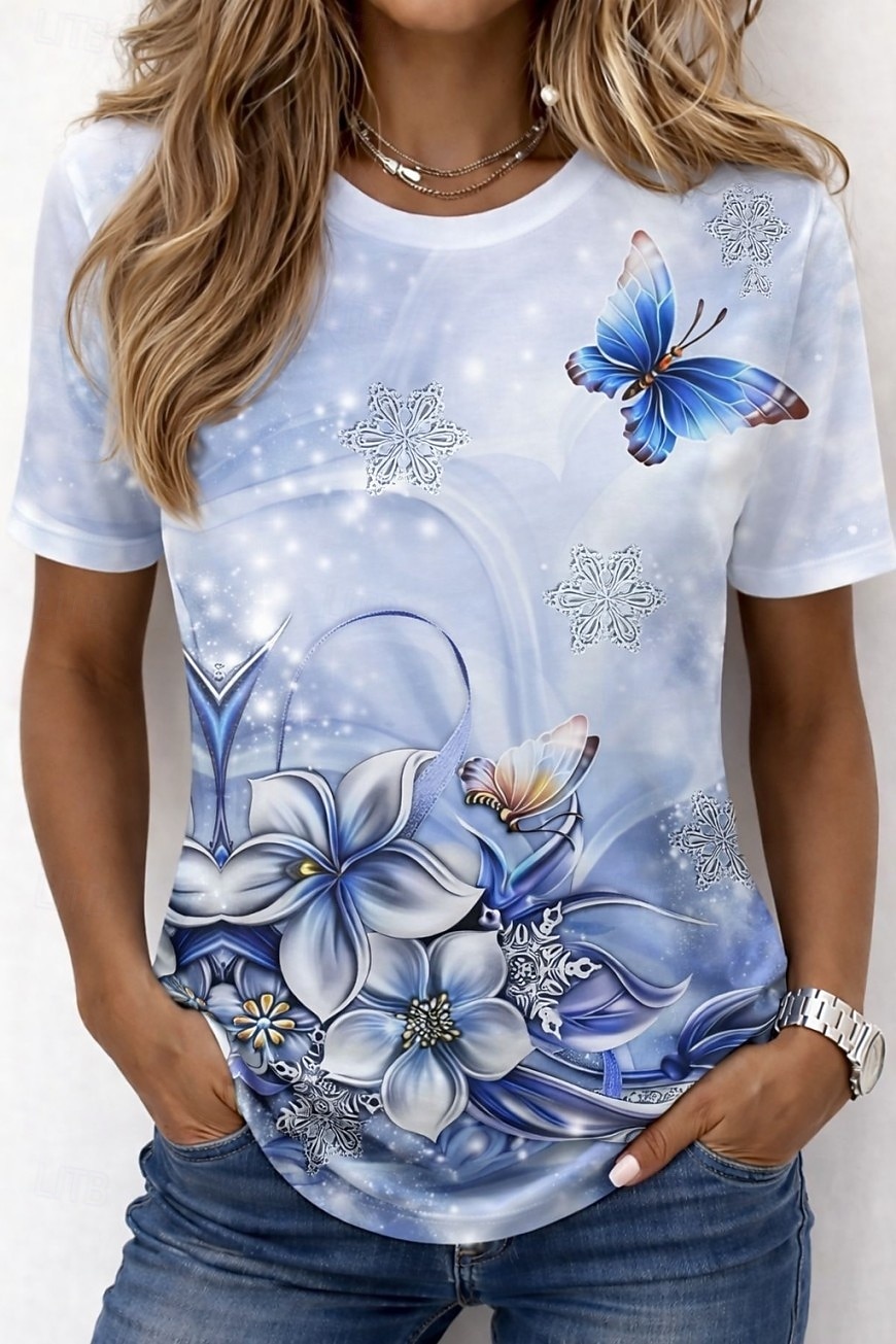 Mujer Camiseta Estampado Ombre Floral Graphic Elegante Clásico Casual Manga Corta Cuello Barco Escote Redondo Tops regulares Casual Diario Azul Piscina Púrpula Claro Azul claro Verano Primavera Otoño 2026 - $21.99 –P3