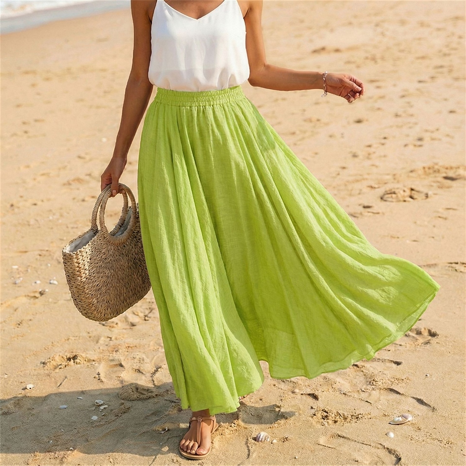 Women's Linen Blend Vacation Skirt Casual Maxi High Waist Skirts Holiday turmeric White Sky Blue Dark Green Summer 2026 - $27.99 –P4