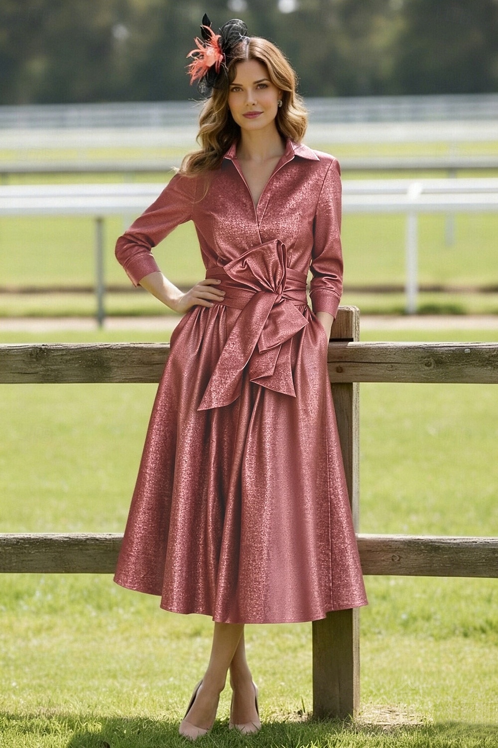 Linha A Longuette Vestido de Derby Vestido Para Mãe dos Noivos Manga Longa Colarinho de Camisa Elegante Vintage Simples Formal Kentucky Derby Tafetá com Laço(s) de 2026 por $171.99 –P1