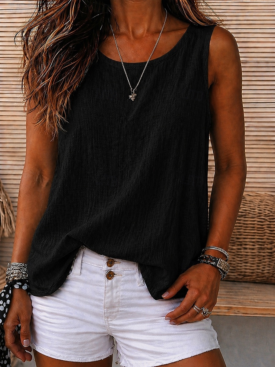 Mujer Camiseta sin mangas Plano Vintage Sin Mangas Escote Redondo Tops regulares Casual Rojo óxido Negro Blanco Amarillo Azul cielo Verano Primavera 2026 - $14.49 –P16