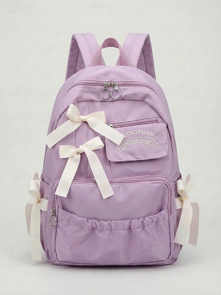 Mochila feminina de poliéster com laço decorativo, várias cores, grande capacidade com vários bolsos, alças ajustáveis, perfeita para o ensino fundamental. &volta às aulas no ensino fundamental, de 2026 por $24.99 –P11