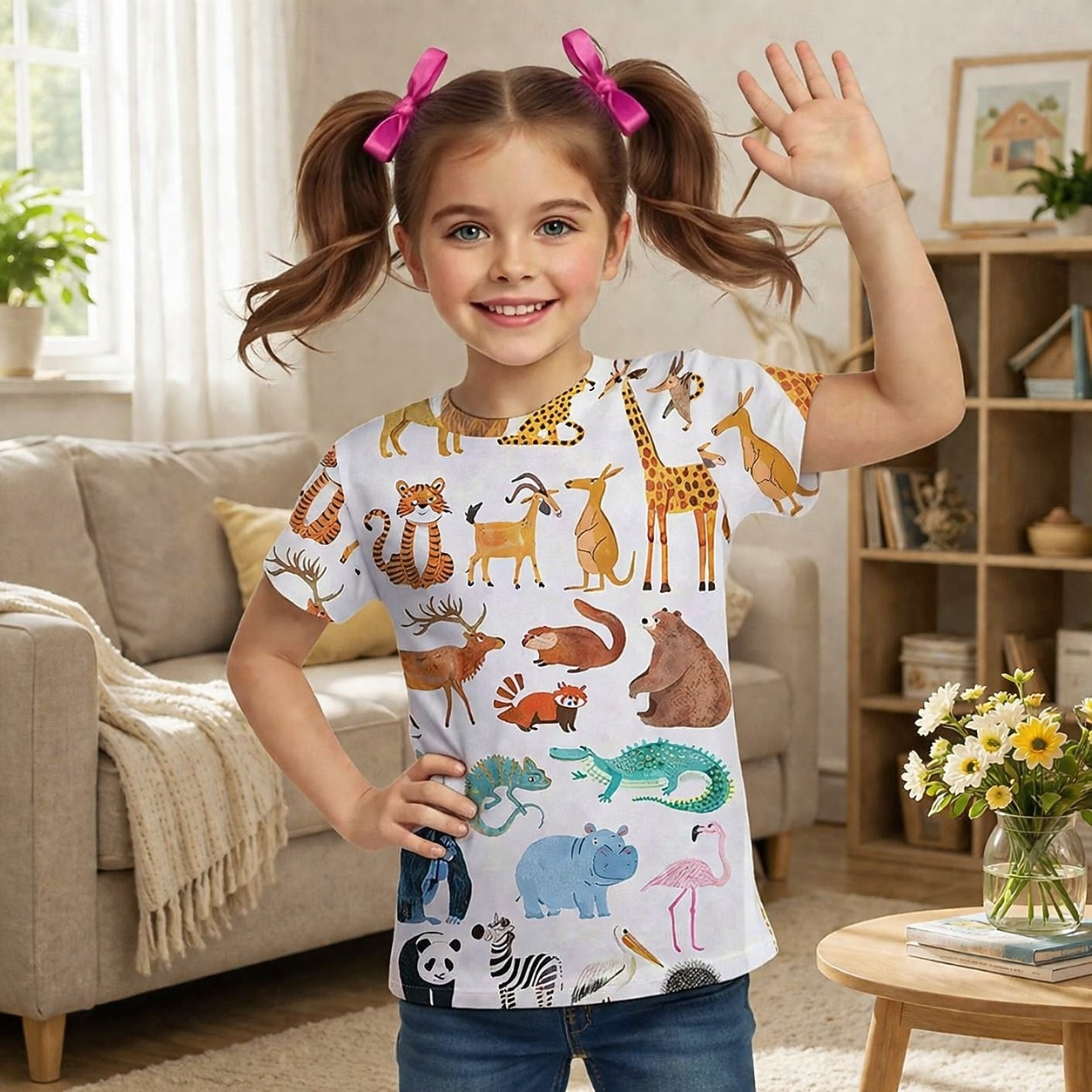 Chica 3D Graphic Animal Camiseta Manga Corta Impresión 3D Primavera Activo Estilo lindo Niños 4-12 años Casual Escuela Ajuste regular 2026 - $9.49 –P6