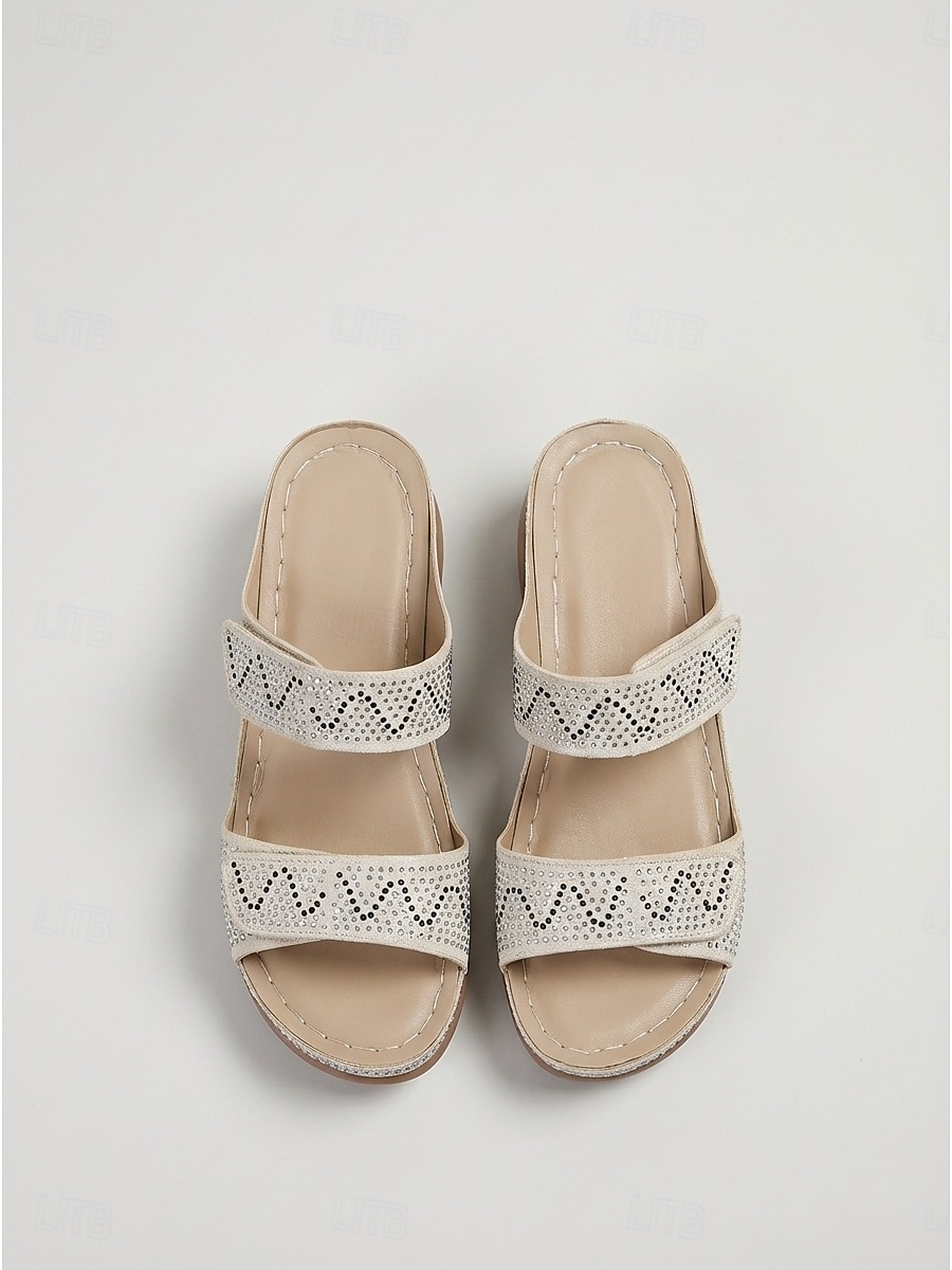 Sandalias blancas de cuña cómodas para mujer: sandalias planas con doble tira adornadas con brillantes pedrería y suela de plataforma ortopédica para resorts al aire libre y vacaciones en la playa. 2026 - $32.99 –P3