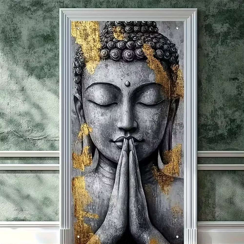 zen buddhizmus imádkozó buddha szobor aranyfüst művészet ajtóbanner meditáló buddha fej szürke kő textúra ajtótakaró jóga stúdió meditációs szoba lakberendezés 2026 - $17.99 –P1