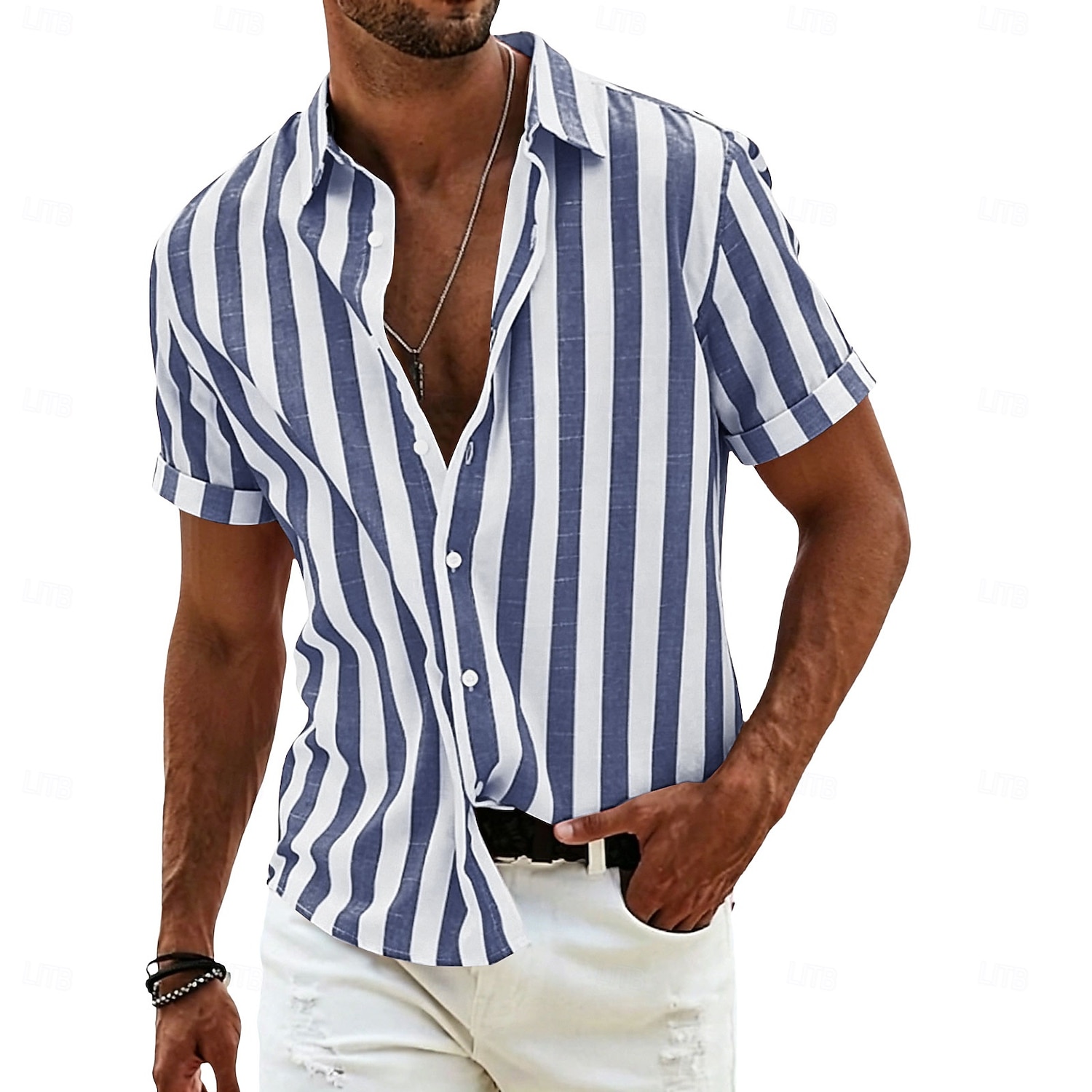 Per uomo Camicia Camicia di lino Camicia Estiva Camicia da Spiaggia Camicia con Bottoni Camicie a righe Strisce verticali Abbigliamento casual alla moda Vacanza Blu Giallo Rosa Rosso Manica Corta del 2026 a $27.99 –P11