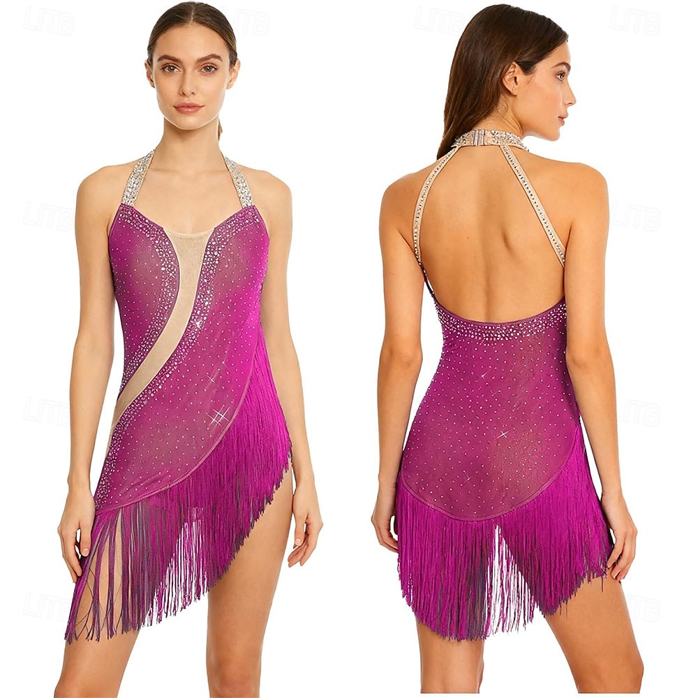 Women's Magenta Latin Dance Dress - Halter Neck Sparkly Rhinestone Fringe Dress for Ballroom, Salsa & Performance 2026 - $305.39 –P5