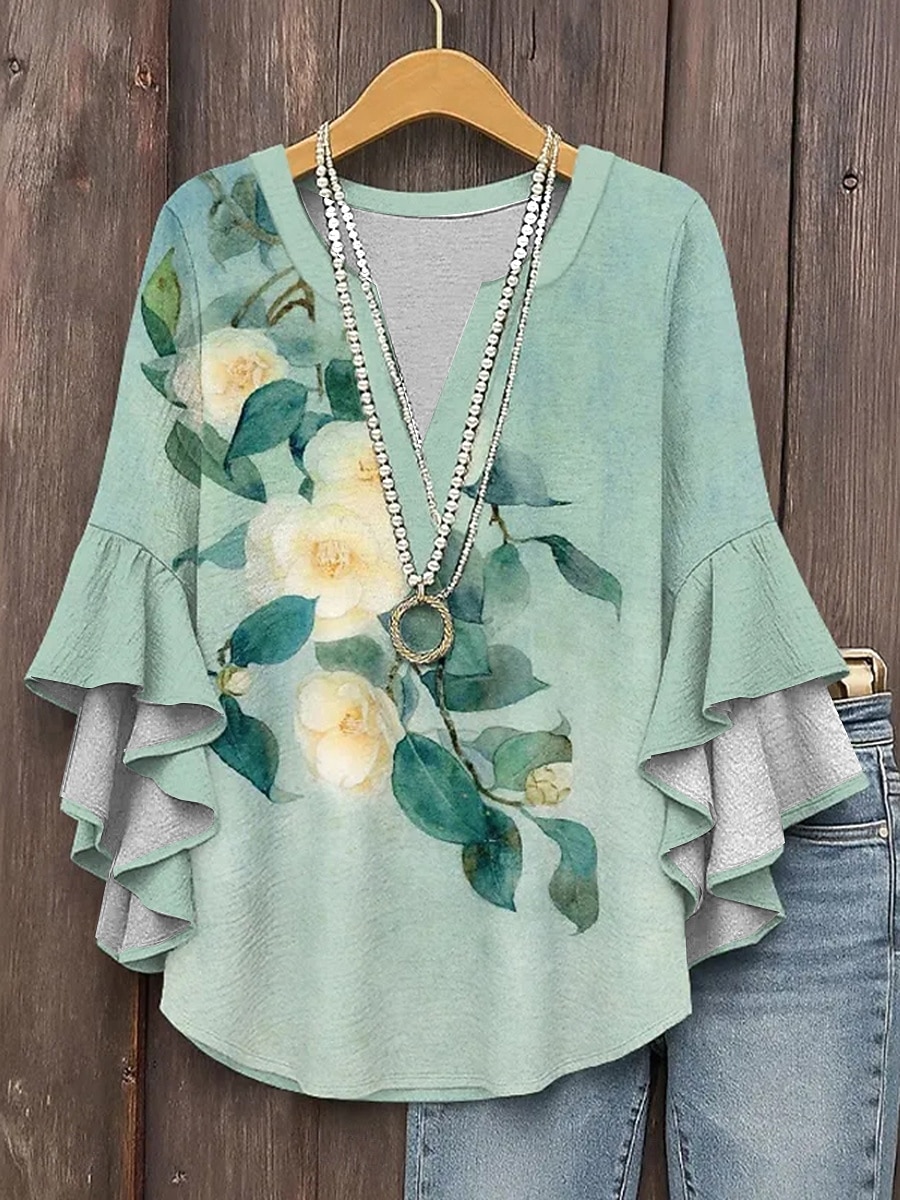 Dames Overhemd Blouse Ruche Afdrukken Bloemig Grafisch Vakantie Dagelijks Retro vintage Halve mouw V-hals Lange tops Dagelijks Feestdagen Uitgaan Wit Leger Groen Groen Zomer Lente Herfst 2026 - $32.99 –P1