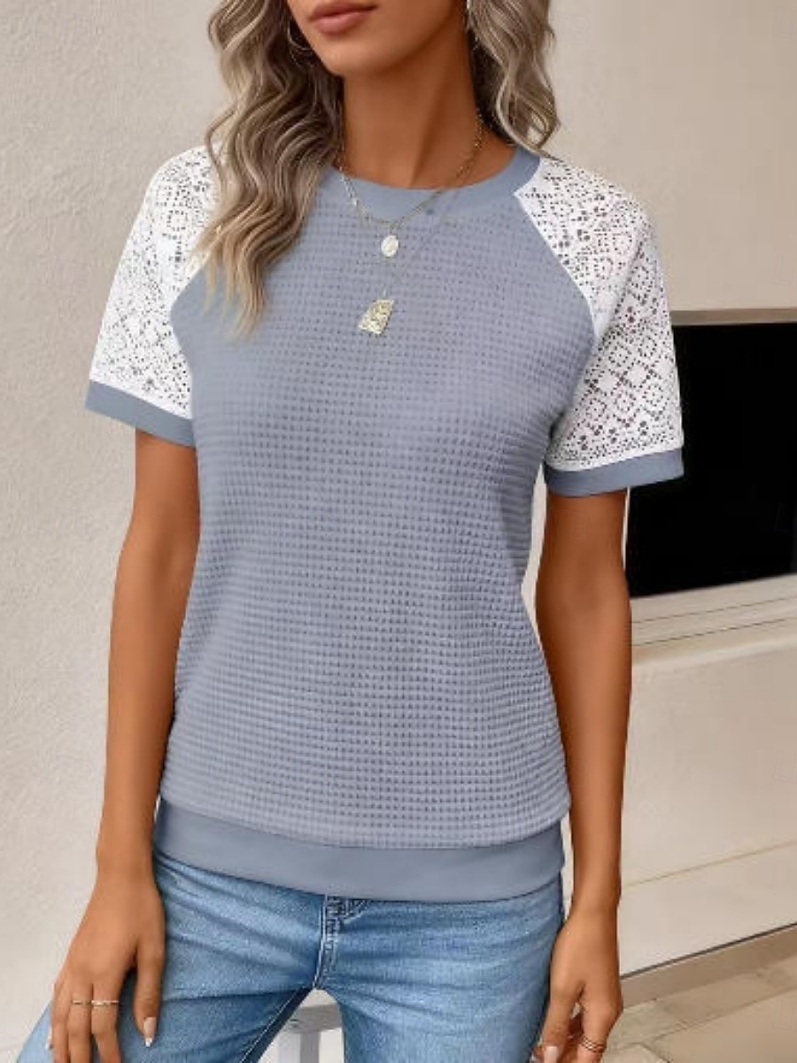 Per donna Maglietta Maglietta in pizzo Pizzo Patchwork Semplice Moda Elegante Classico Manica Corta Girocollo Top Regolari Quotidiano Uscire Weekend Nero Bianco Grigio Estate Primavera del 2026 a $19.99 –P4