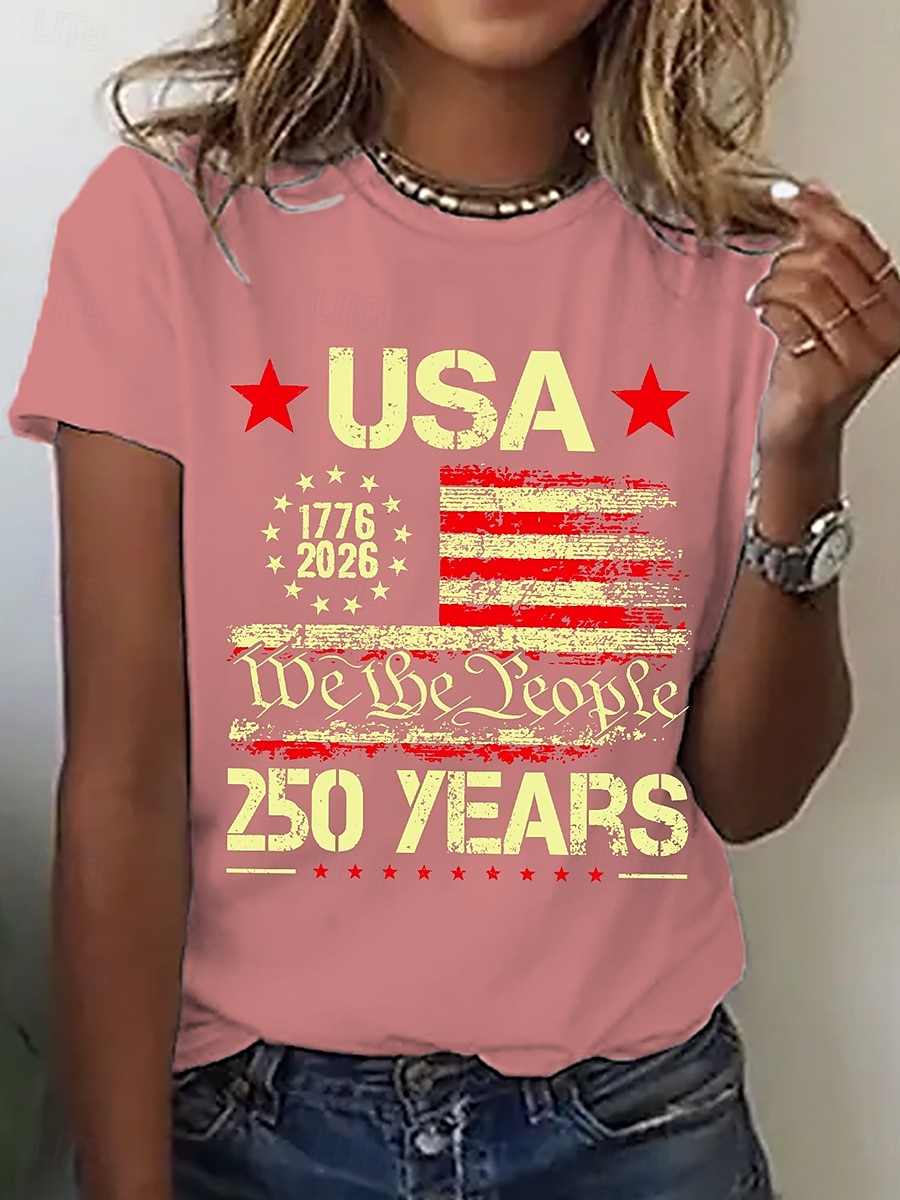 День независимости США Жен. Футболка С принтом Графика Американский флаг Мода Стиль Классика С короткими рукавами Вырез под горло Обычные топы Повседневные Синий Белый Розовый Лето Весна 2026 - $21.99 –P3