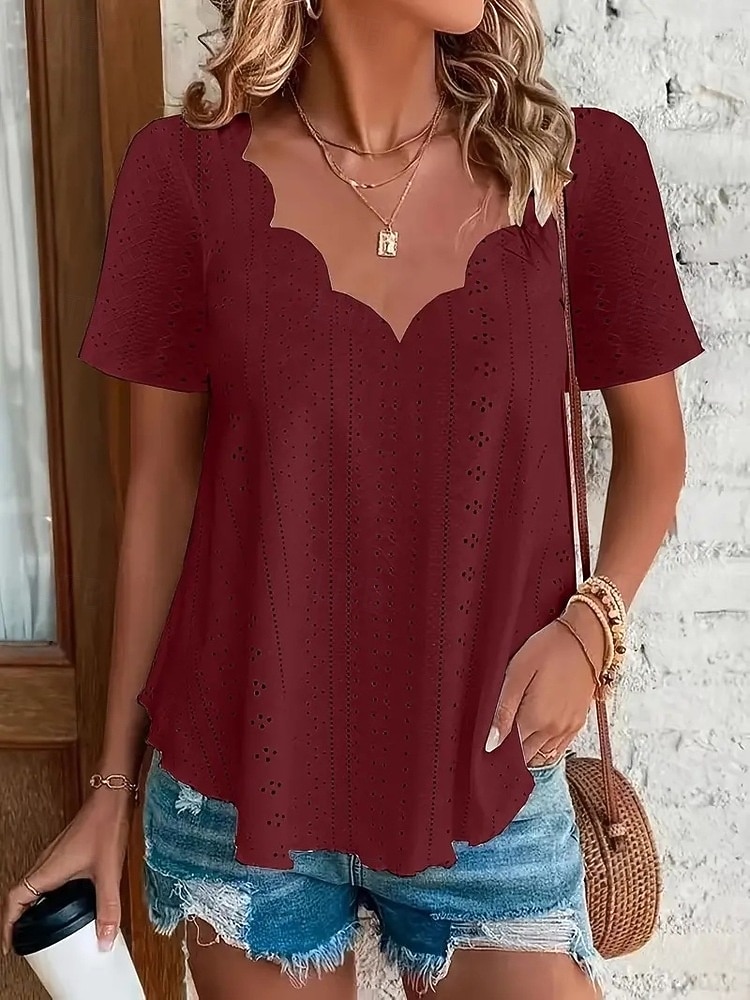 Women's Pointelle Shirt Eyelet Top Blouse Eyelet Plain Active Basic Casual Short Sleeve V Neck Regular Tops Casual Daily Beach Black White Yellow Pink Wine Summer Spring 2026 - $8.99 –P9