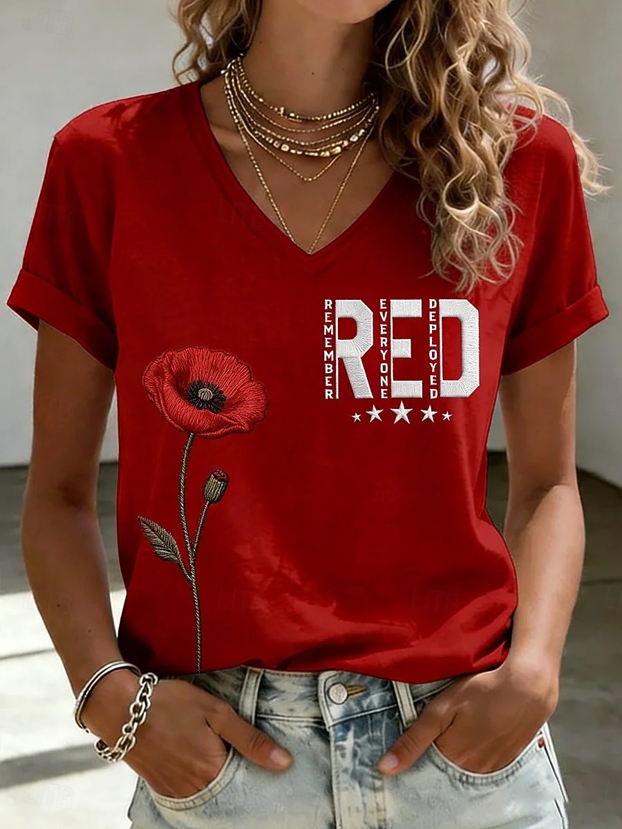 Amerikaanse onafhankelijkheidsdag Dames T-shirt Afdrukken Ombre Bloemig Grafisch Stijlvol Klassiek Casual Korte mouw V-hals Normale tops Casual Dagelijks Zwart En Rood Rood Zomer Lente 2026 - $22.99 –P2