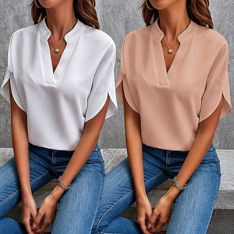 Multi Packs 2pcs Women's V Neck Short Sleeves Yellow+Blue Blouse Jeans Sexy Plain Solid / Plain Color Casual Daily Spandex Summer 2026 - $31.99 –P4
