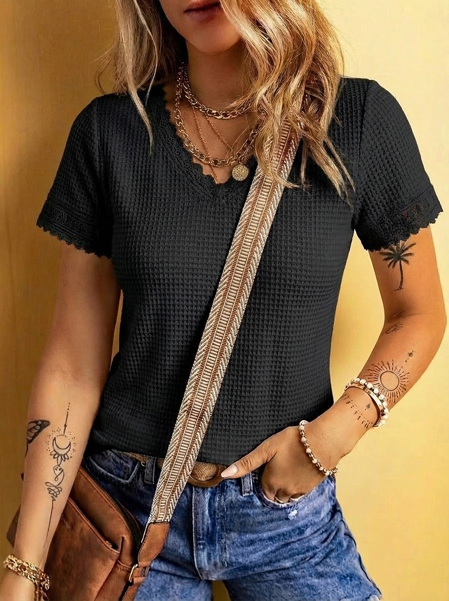 Women's Waffle T-shirt Lace Splicing Top Tee Top Elegant Stylish Short Sleeve V Neck Regular Tops Casual Going out Vacation Wear Blue Black White Green Apricot Summer Spring 2026 - $22.99 –P7