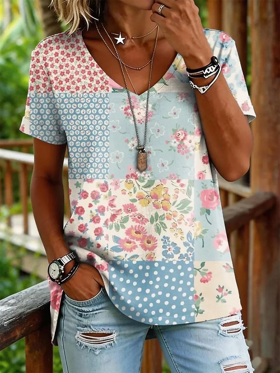 Dames T-shirt Afdrukken Grafisch Geometrie Vintage Stijlvol Klassiek Korte mouw V-hals Normale tops Casual Dagelijks Uitgaan blauw Geel Grijs Zomer Lente 2026 - $21.99 –P1