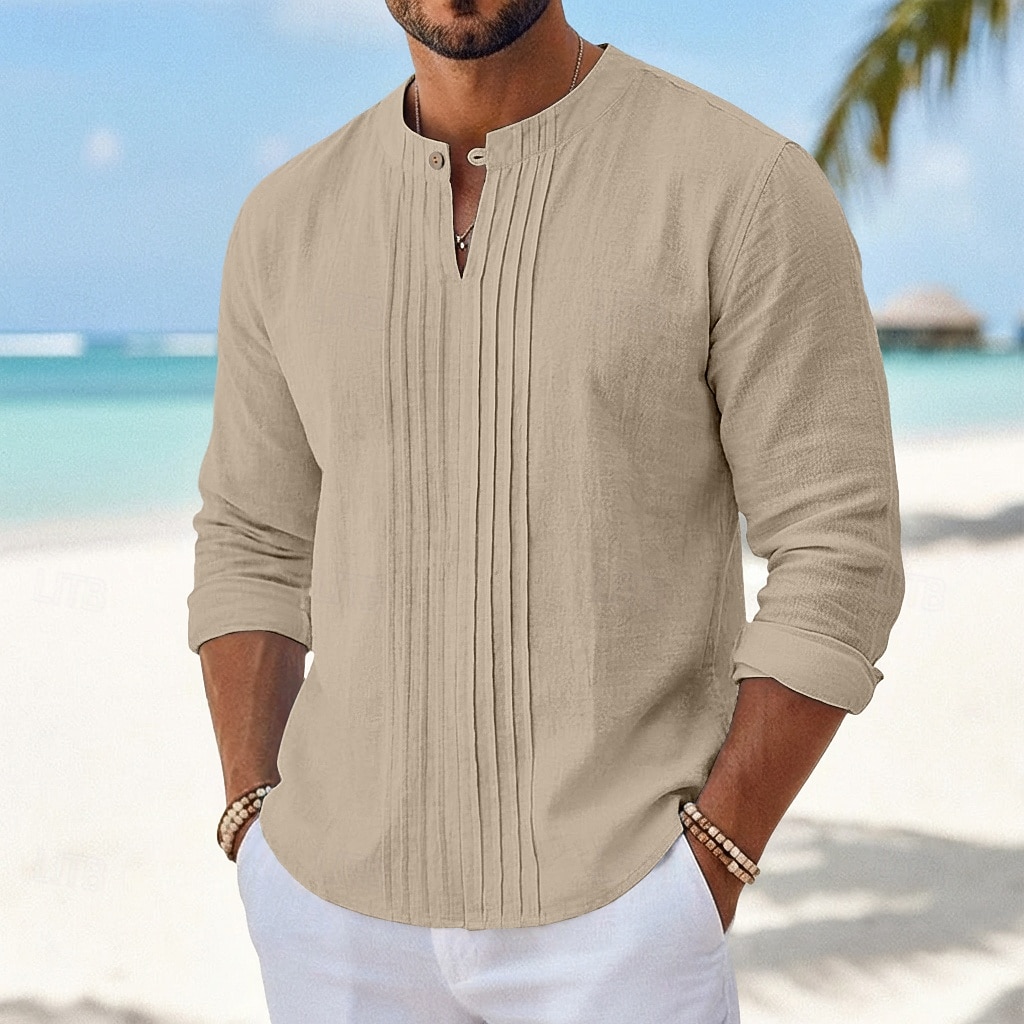 Herren Hemd Leinenhemd Sommerhemd Strandhemd Einfarbig Lässig Urlaub Blau Schwarz Weiß Khaki Langarm Mandarinkragen Sommer Bekleidung Gerafft 2026 - $25.99 –P5