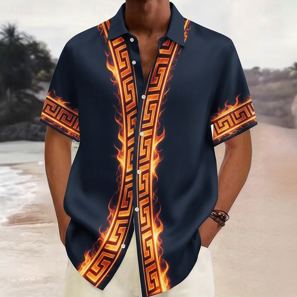 Herren Geometrisches Muster Feuer Griechischer Schlüssel Hemd Knopfhemd Kurzarm Modisch lässig Streetwear Urlaub Frühling Herbst Umlegekragen 3D-Druck Hemden mit Kragen Burgunderrot Purpur Braun 2026 - $25.99 –P4