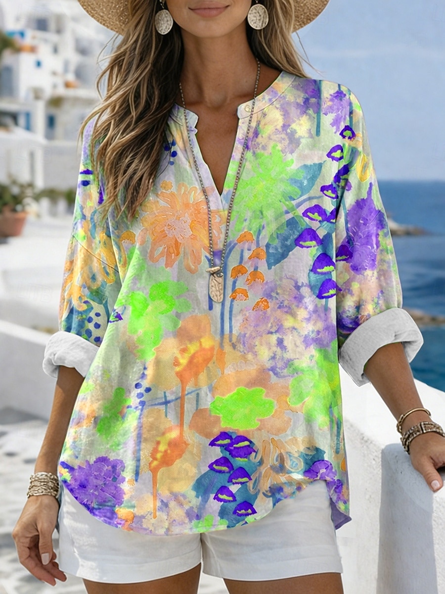 Dames Blouse Afdrukken Bloemig Grafisch Vintage Dagelijks Stijlvol Lange mouw V-hals Normale tops Casual Dagelijks Feestdagen blauw Geel Blozend Roze Paars Zomer Lente 2026 - $28.99 –P2