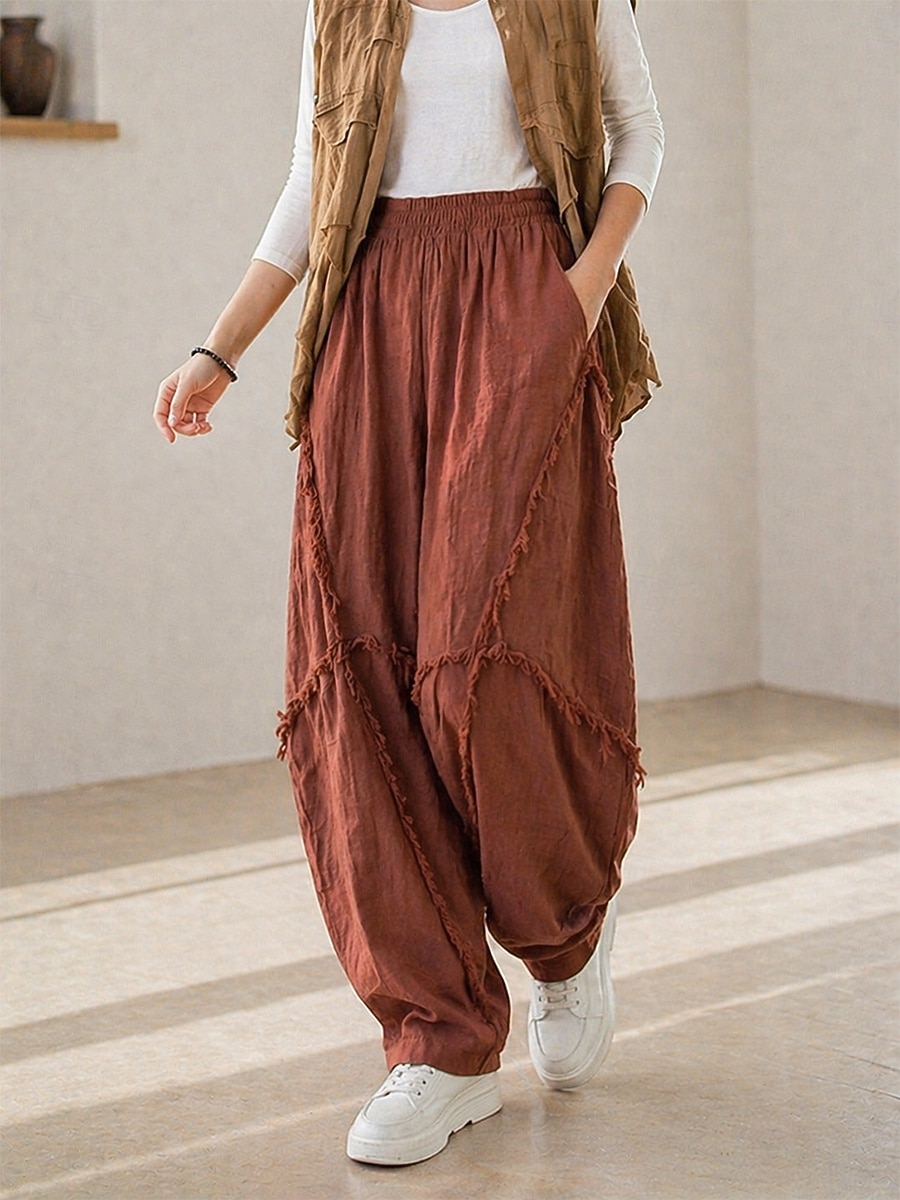 70% Linen Women's Linen Pants Chinos Summer Pants Bloomers Vacation Streetwear Basic Full Length Medium Waist Plain Pocket Elastic Waistband Inelastic Daily Outdoor rice white Coffee Fall Winter 2026 - $52.99 –P7