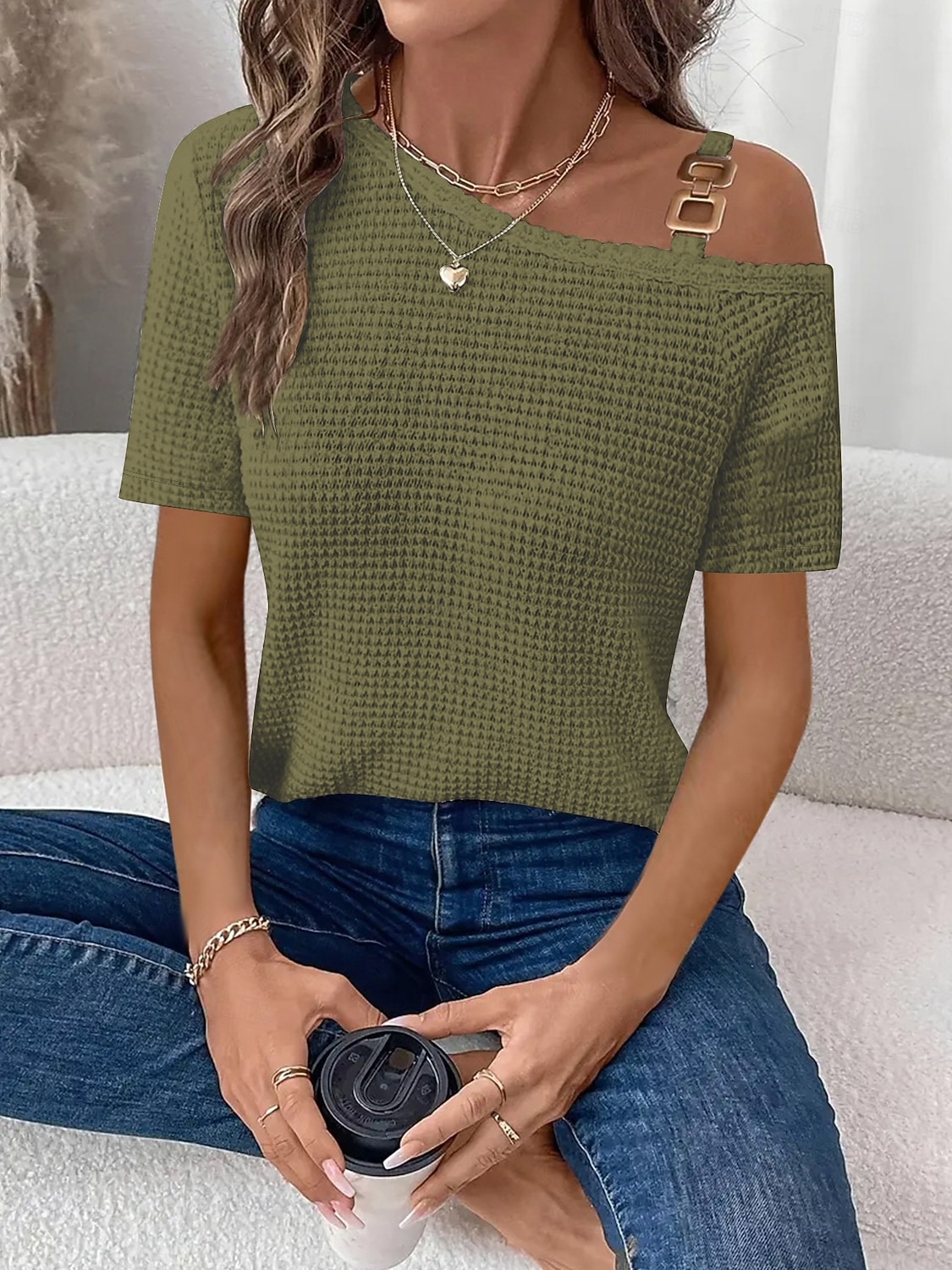 Γυναικεία Μπλουζάκι Μπλουζάκι μπλουζάκι Κουρελού Σκέτο Μοντέρνα Στυλάτο Κλασσικό Κοντομάνικο Ασύμμετρος λαιμός Κανονικά μπλουζάκια Καθημερινά Εξόδου Σαββατοκύριακο 2026 - $24.99 –P10