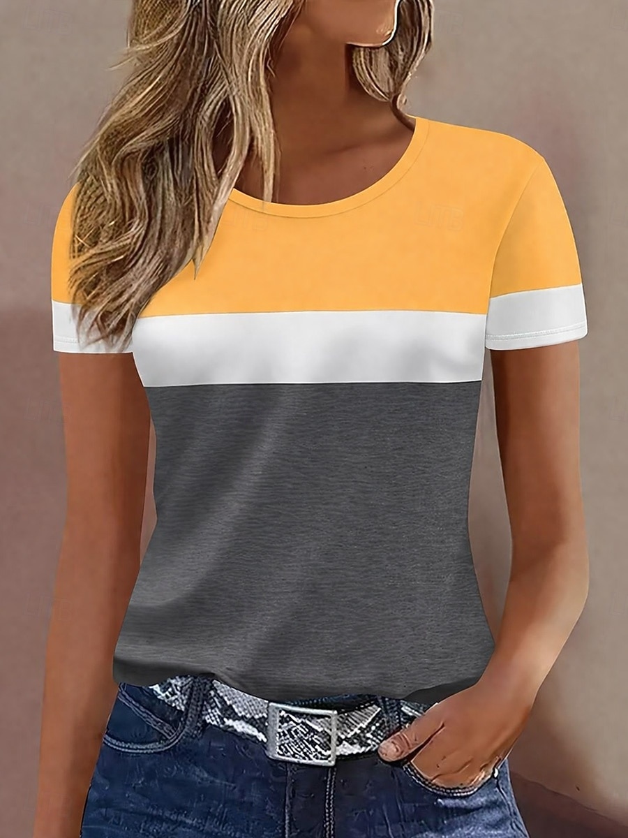 Dam T-shirt Färgblock Mönster Grafisk Geometrisk Randig Vintage Mode Stylish Kortärmad Rund hals Vanliga toppar Dagligen Blå Gul Brun Grå Sommar Vår 2026 - $21.99 –P6