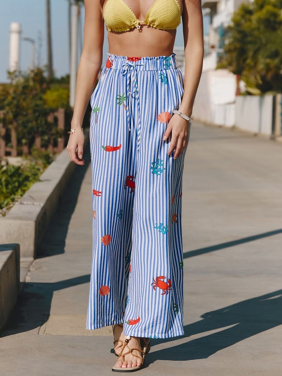 Per donna Gamba larga Chinos Vacanza Moda Streetwear Lunghezza intera Vita Alta A righe Tasca Fascia Elastica Stampato Comodo Comodità Morbido Elasticizzato All'aperto Vacanza Streetwear Blu Estate del 2026 a $27.99 –P5