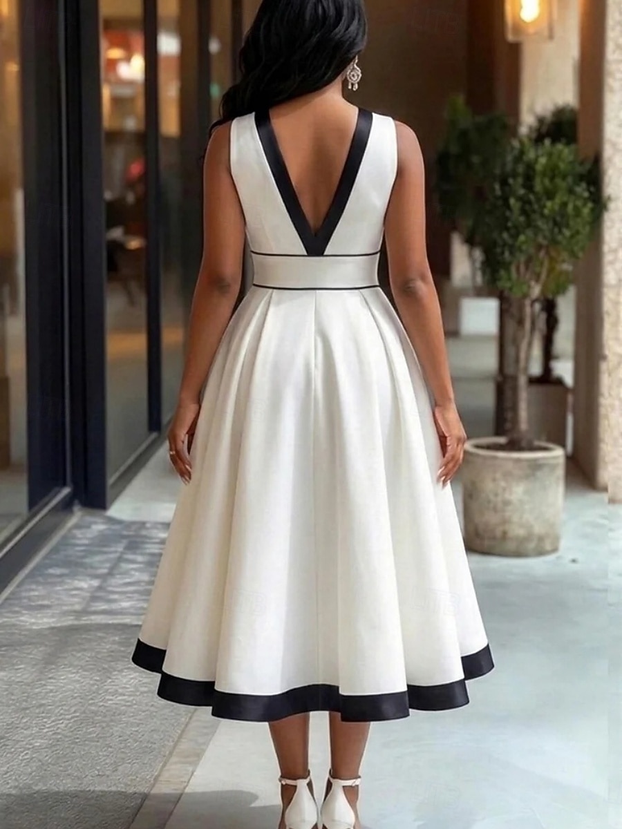 Naisten Midimekko A linjainen mekko Tyylikäs Juhla cocktail ulko- Juhla Häät Tilkkutäkki Tasku Normaali Yhtenäinen väri Hihaton V kaula-aukko Valkoinen 2026 - $51.99 –P3