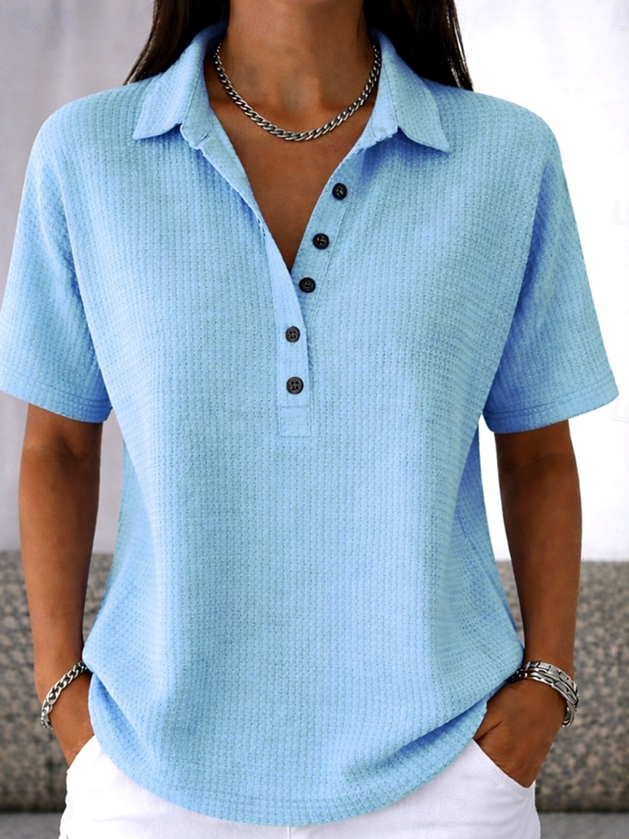 Vrouwen Wafel Tuniek Knopen Effen Kleur Eenvoudig Vintage Stijlvol Klassiek Korte Mouwen Omgeslagen Reguliere Tops Dagelijks Wit Roze Lichtblauw Zomer Lente 2026 - $27.99 –P4