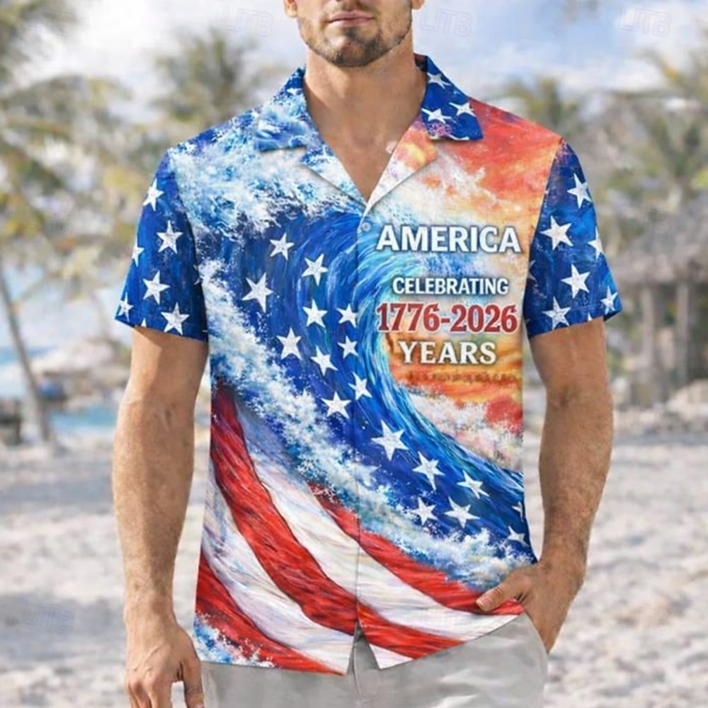 Men's 4th of July U.S. 250th Anniversary US Flag Abstract Liquid Art Shirt Cuban Collar Shirt Button Up Shirt Short Sleeve Patriotic Holiday Summer Spring Camp Collar Shirt 3D Print Blue Blue red 2026 - $25.99 –P1