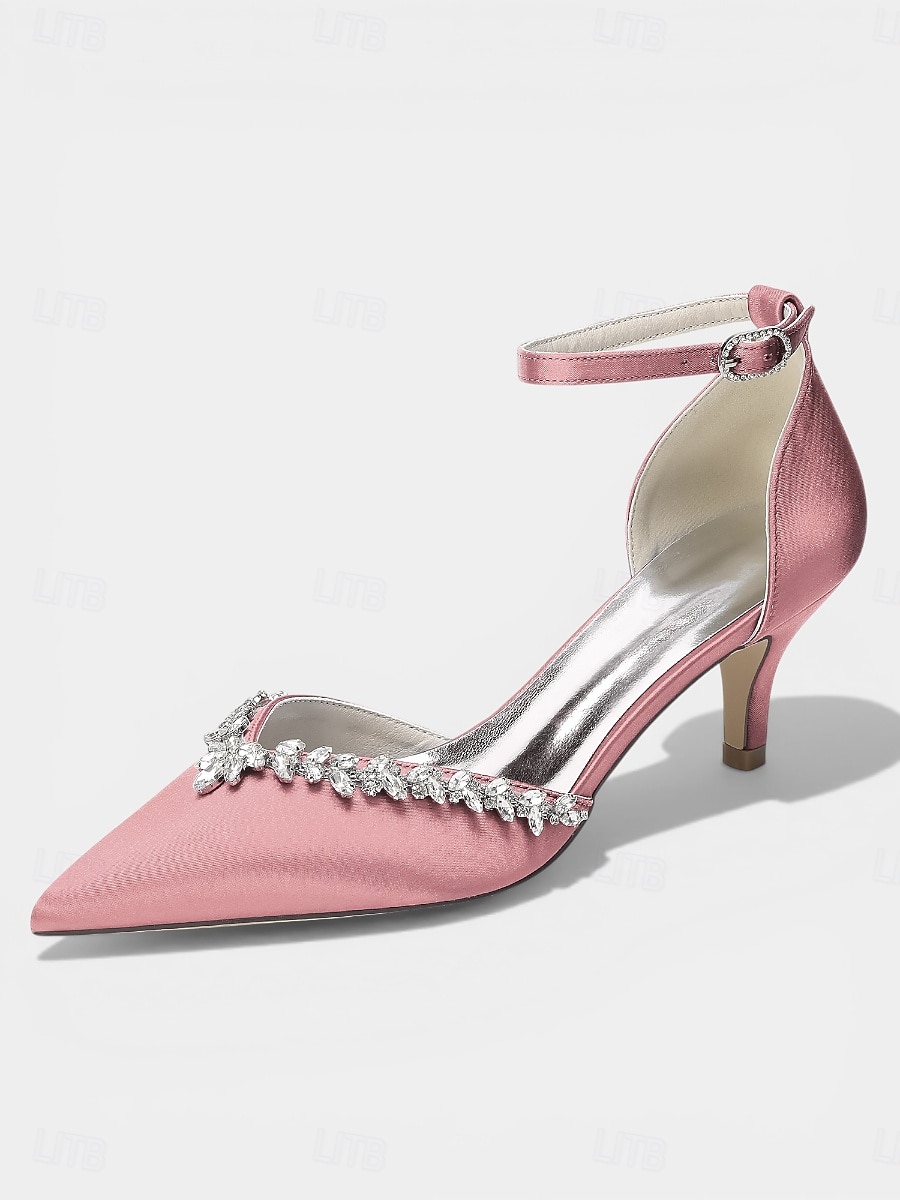 Zapatos de tacón bajo de satén rosa para mujer, zapatos de salón con tira en el tobillo y punta afilada con pedrería para cócteles y bodas. &eventos nocturnos 2026 - $64.99 –P3