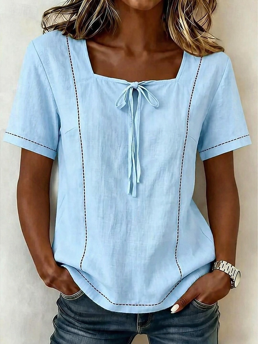 Damen Hemd Kordelzug Vorderknoten Bohemien Urlaub Vintage Kurzarm Asymmetrisch Lange Oberteile Lässig Täglich Arbeit Weiß Gelb Dunkelblau Beige Leicht Blau Sommer Frühling 2026 - $28.99 –P7