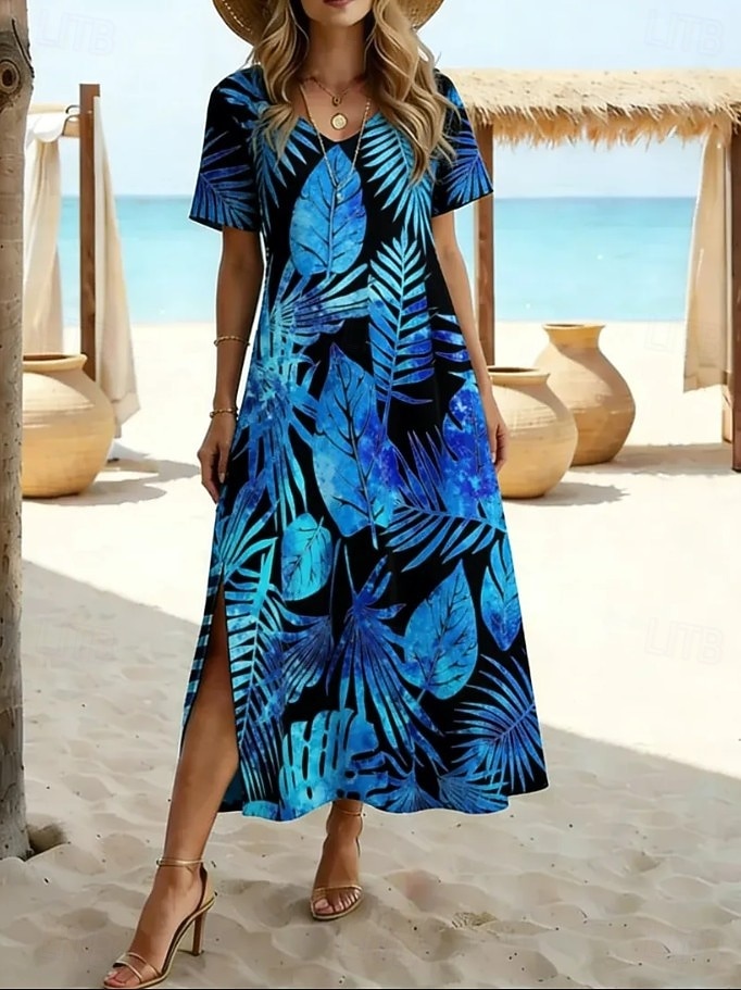 Mujer Vestido maxi Vestido de una línea Vestido de verano Vacaciones Casual Playa Ajuste regular Floral Graphic Manga Corta Escote en Pico Azul Piscina Azul Oscuro Verano Primavera 2026 - $26.99 –P4