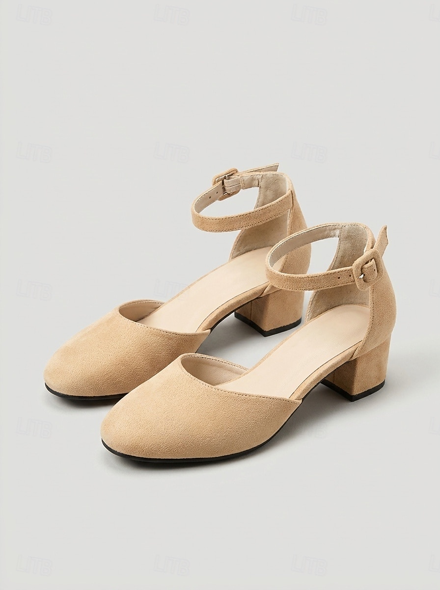 Décolleté da donna in camoscio beige con tacco a blocco, punta tonda e cinturino alla caviglia, ideali per feste in giardino e matrimoni. &eventi all'aperto del 2026 a $42.99 –P4