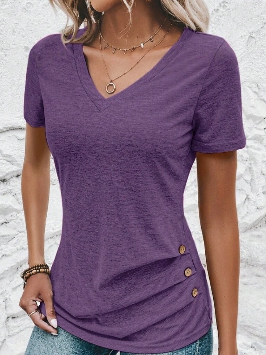 Per donna Maglietta Tinta unica Moda Classico Casual Manica Corta Scollo a V Top Regolari Quotidiano Uscire Weekend Verde militare Rosso Viola Rosa Grigio Estate Primavera del 2026 a $17.49 –P5