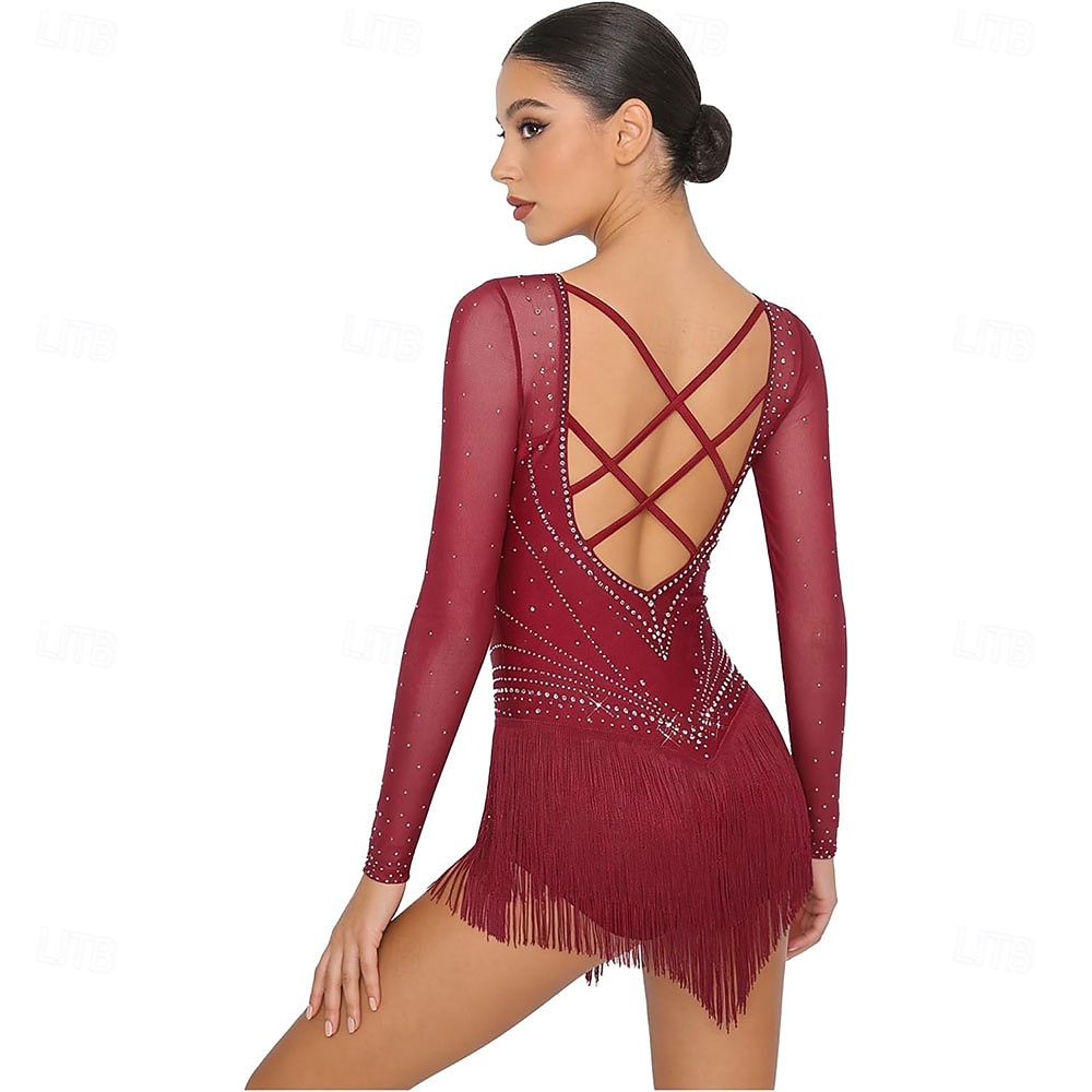 Women's Burgundy Latin Dance Dress - Rhinestone Mesh Long Sleeve Rhythmic Tassel Costume for Ballroom & Competition 2026 - $305.39 –P2