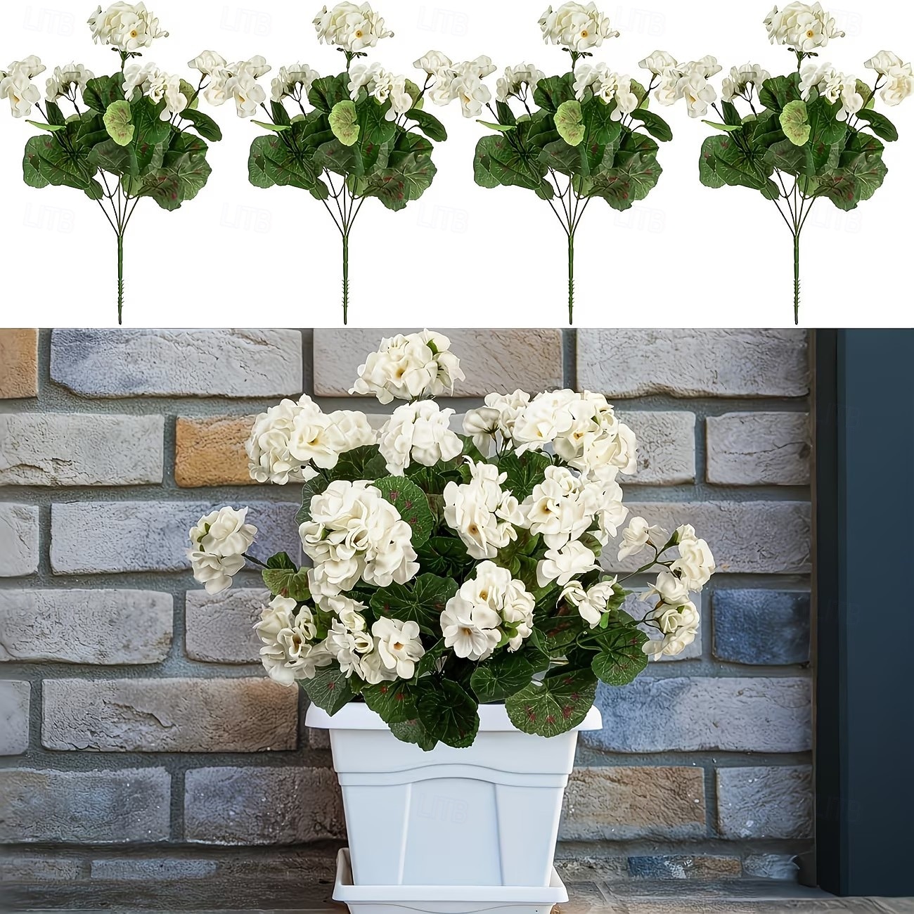 Flori artificiale de geranium alb rezistent la UV cu 4 ramuri, 4 geraniumuri înflorite, potrivite pentru decorațiuni interioare și exterioare, grădini, nunți, Ziua Recunoștinței, Crăciun și sezonul 2026 - $18.99 –P8