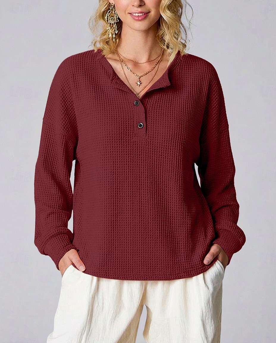 Femmes Chemise Tops en tricot gaufre Couleur Unie Élégant Classique Occasionnel manche longue Henley Hauts Réguliers Quotidien Sports Week-end Noir Blanche Jaune Rouge Orange Été Printemps Automne de 2026 ? $27.99 –P5